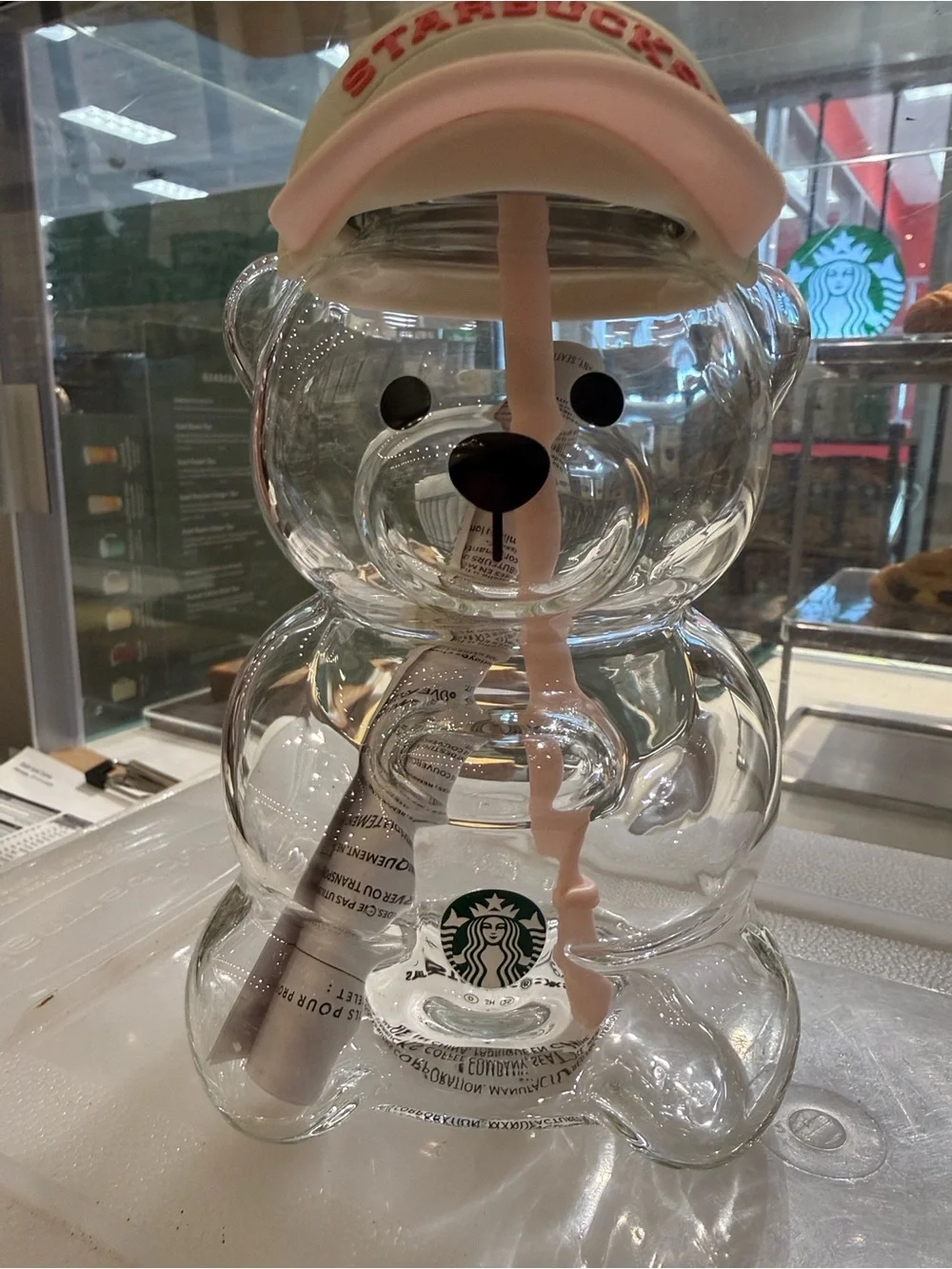 Starbucks Clear Bear Tumbler with Light Pink Hat and Straw